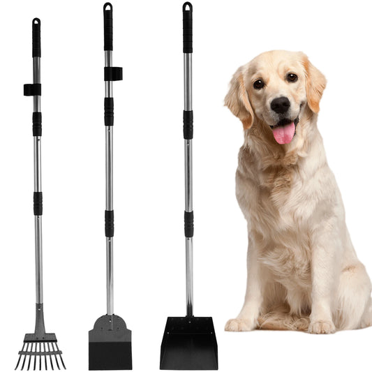 2/3Pcs Multifunctional Dogs Poop Scooper Removable Long Handle Metal Scooper Tray Rake and Spade Set for Pet Waste Removal NEW