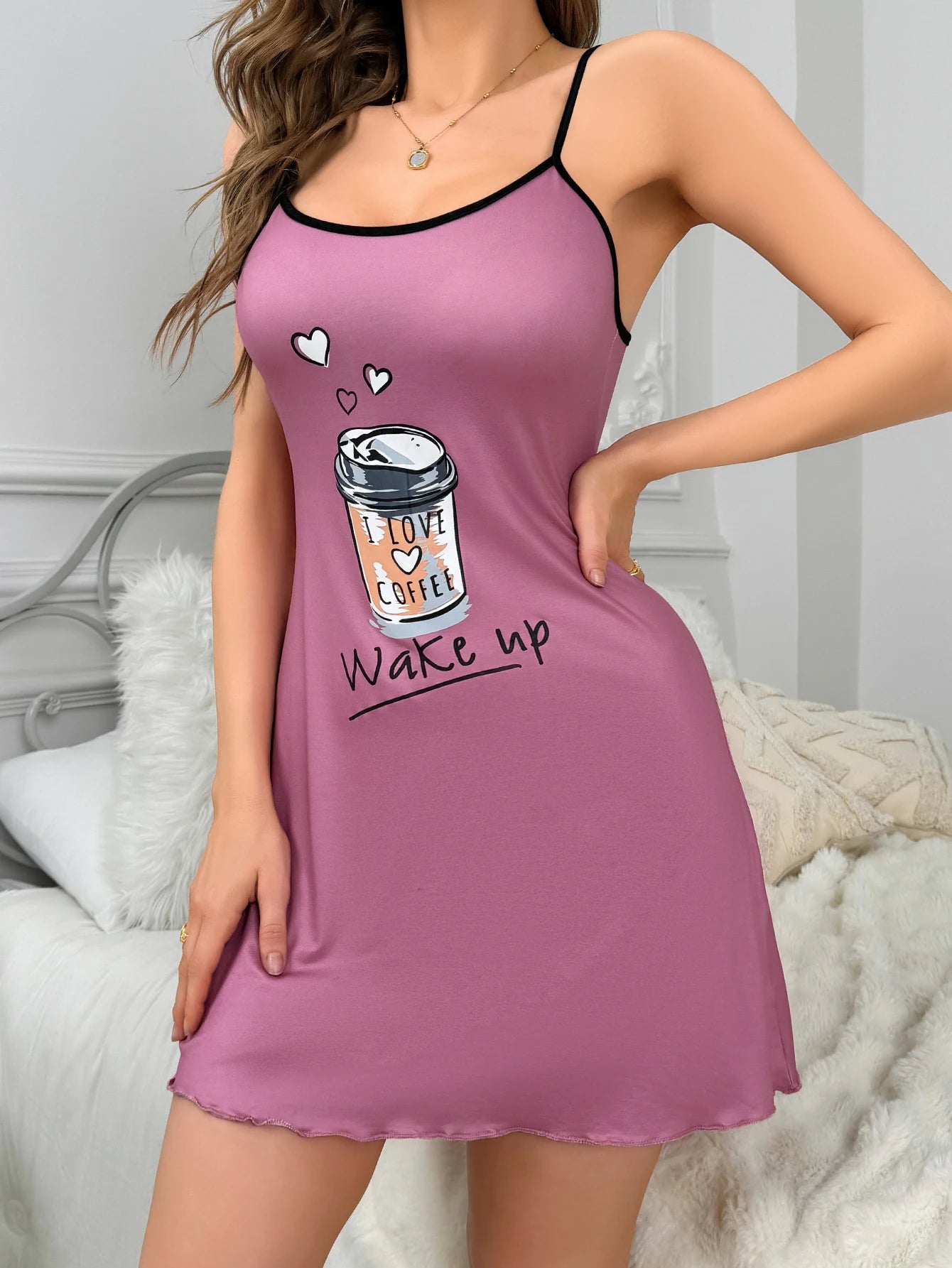 Chic Coffee Pattern Halter Nightdress - Women's Casual Sleepwear