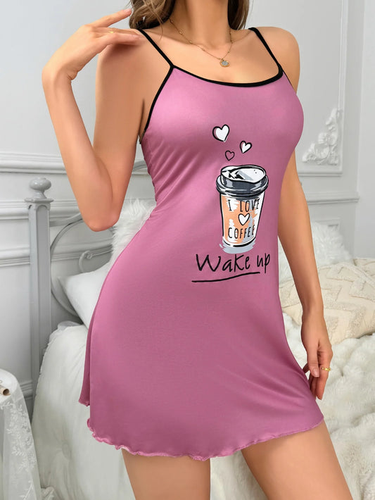 Chic Coffee Pattern Halter Nightdress - Women's Casual Sleepwear