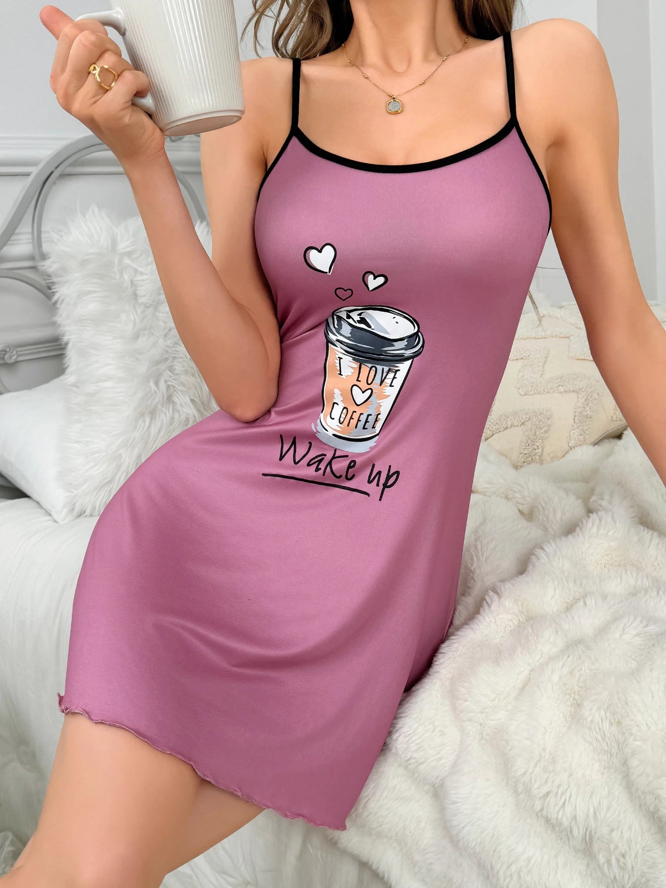 Chic Coffee Pattern Halter Nightdress - Women's Casual Sleepwear