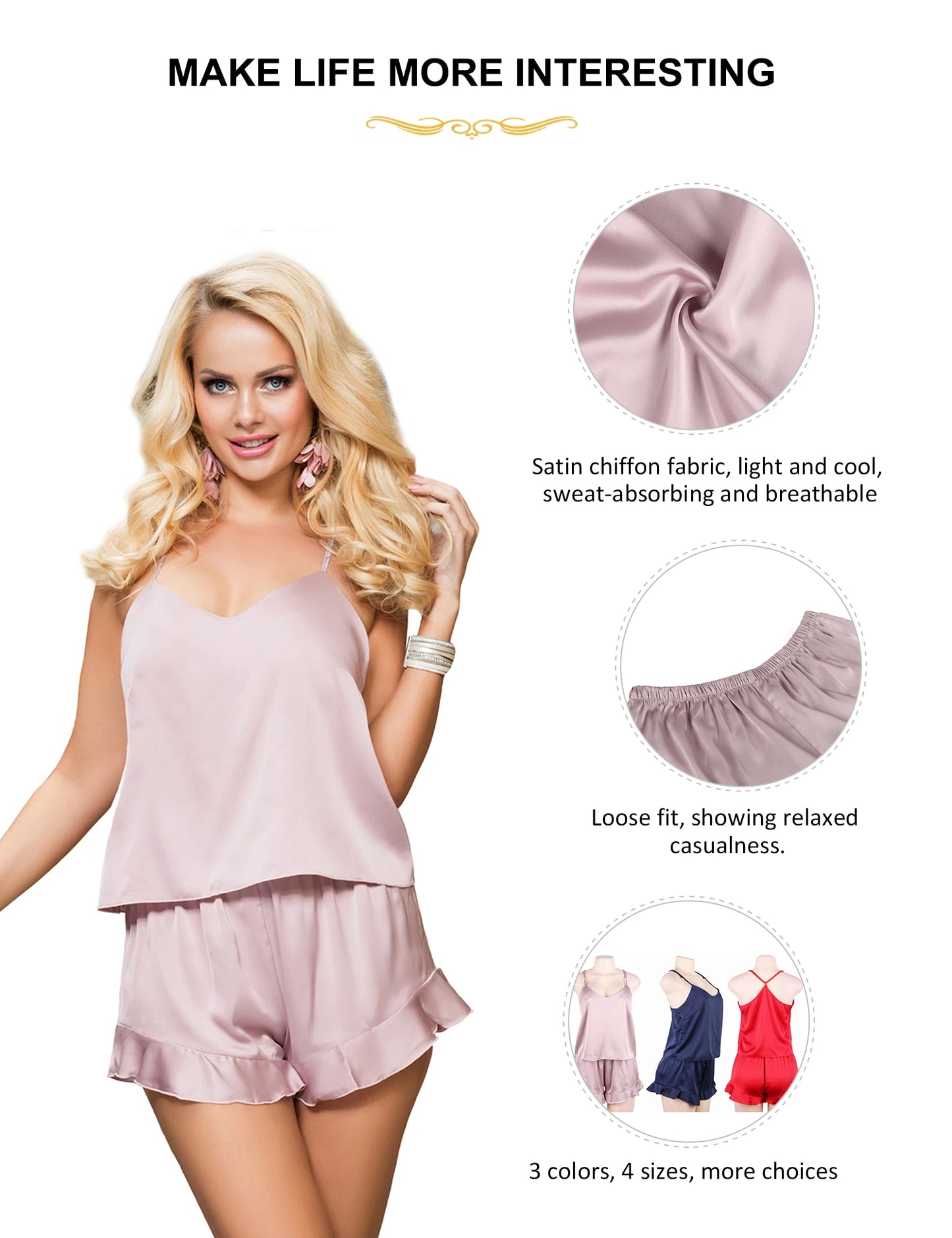 Comeondear Plus Size Satin Ruffle Pajama Set - Luxe Cami & Shorts Sleepwear