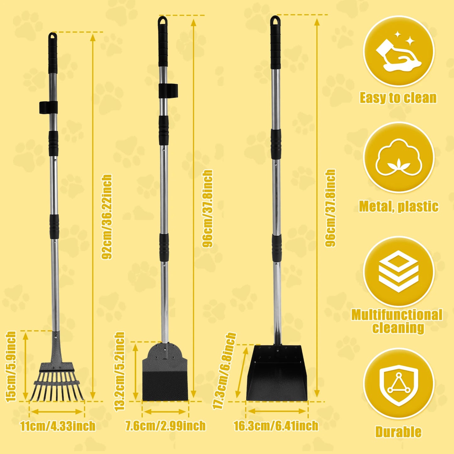 2/3Pcs Multifunctional Dogs Poop Scooper Removable Long Handle Metal Scooper Tray Rake and Spade Set for Pet Waste Removal NEW