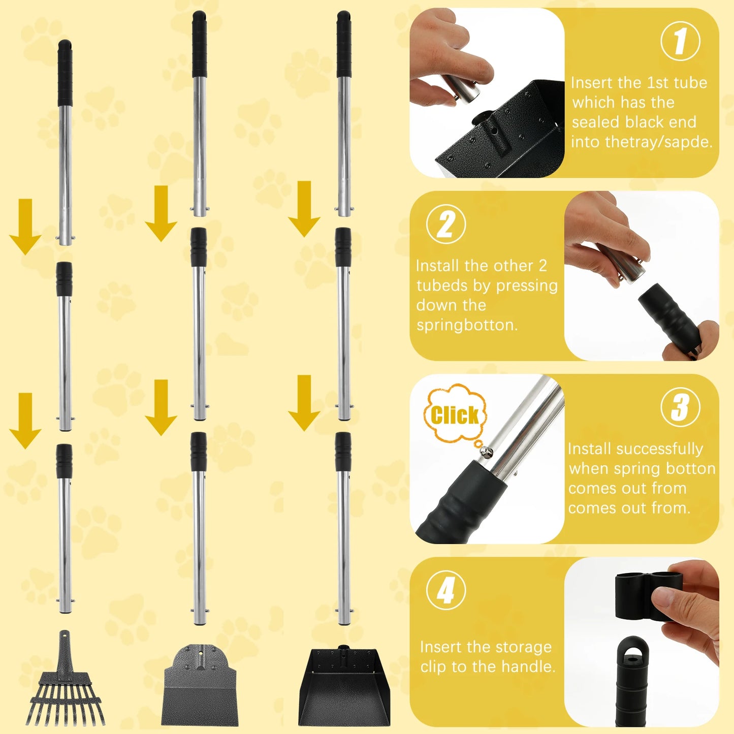 2/3Pcs Multifunctional Dogs Poop Scooper Removable Long Handle Metal Scooper Tray Rake and Spade Set for Pet Waste Removal NEW